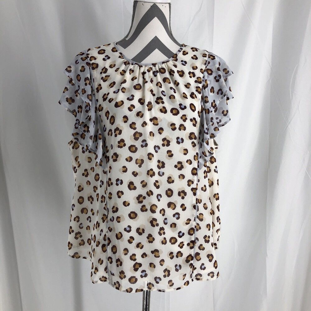 Ann Taylor Shirt Womens Size XL Cream Animal Print Blouse Ruffle Sleeve